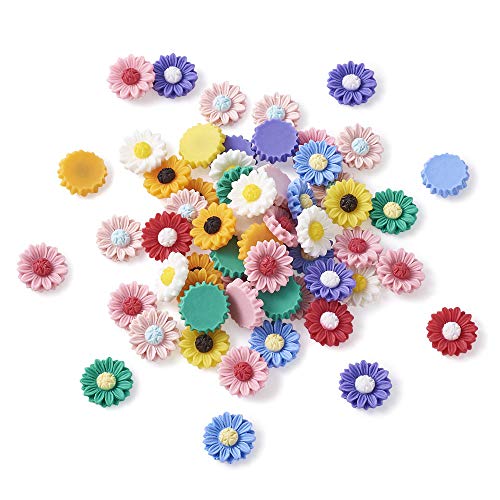 Beadthoven 200Pcs 15mm Flatback Resin Sunflower Cabochons Undrilled Floral Cameo Charms for Jewelry Embellishment Scrapbooking Supplies Mixed Color - color: 0Sunflower-Mixed 200pc#15mm