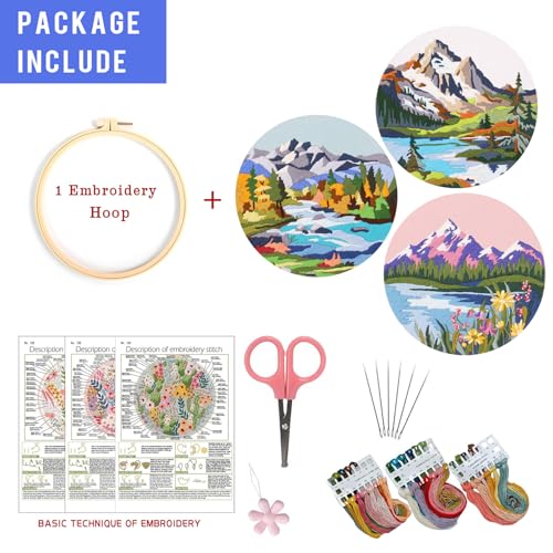EOBTAIN 3 Sets Embroidery Kit for Beginners Adults Mountain Scene Hand Stamped Embroidery Practice Kits Cross Stitch Set with Embroidery Hoop,Needles and Threads,DIY Gifts at Home Embroidery Kit - color: Mountain