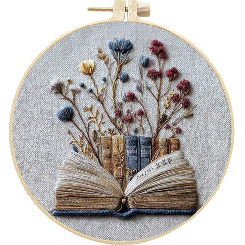 FONNUY Embroidery Kit for Beginners, Flower Book Pre-Stamped Pattern Kits for Adults with Hoop, Cross Stitch Easy to Follow Color Thread Needlework, 8'' Hoop (Blue) - color: Blue