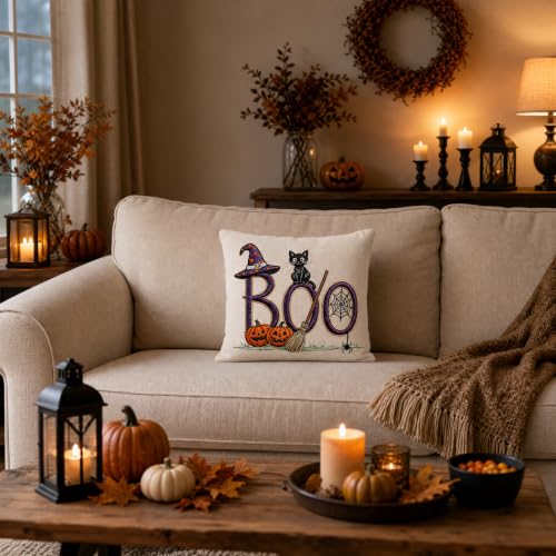 Halloween Witch Cat Pumpkin Linen Throw Pillow Cover 18x18 - color: Pa10061, size: 18" x 18" (Pack of 1)