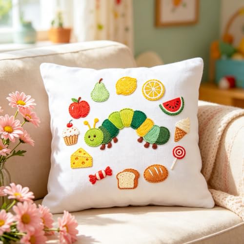 BEUNITONE 4 Set Embroidery Kits for Beginners with Easy Caterpillar Pattern, DIY Craft Kits Include Instructions and 2 Embroidery Hoops, Cross Stitch Needlepoint Kits for Craft Lover and Home Decor - style: A-Caterpillar