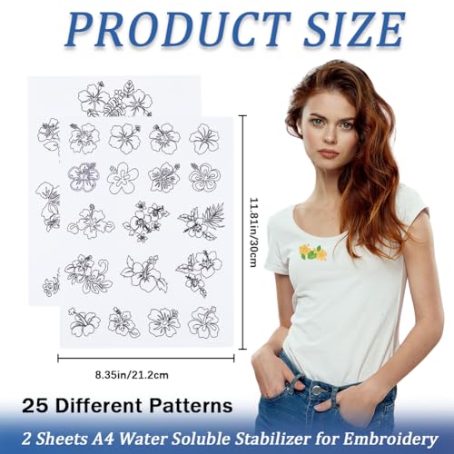 CRASPIRE 2 Sheets Hibiscus Flower Water Soluble Embroidery Patterns Stabilizers Tropical Hand Sewing Stick and Stitch Transfers Fabric Wash Away Pre-Printed Self Adhesive for Bags Cloth Sewing Lovers - style: 2 Sheets Hibiscus Flower