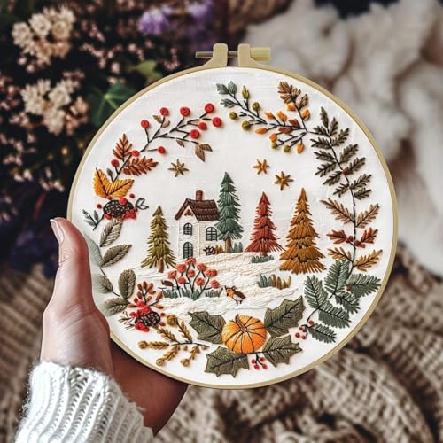 Embroidery Kit for Beginners, Boho Nature Landscape Pre-Stamped Pattern Kits for Adults with Hoop, Easy to Follow Color Thread Needlework