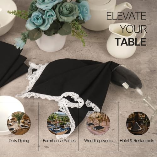 FINGERCRAFT Lace Cloth Napkins, Cotton Linen, 12 Pack, 20x20 Inch, Black - color: Black, size: 20" x 20" (Set of 12)