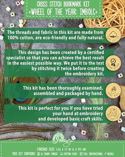 Povitrulya Cross Stitch Bookmark Kit “Imbolc“ – Counted DIY Embroidery Set for Adults & Beginners, Saint Brigid Pagan Irish Gaelic Druid Witchy Spring Craft Gift - color: Imbolc