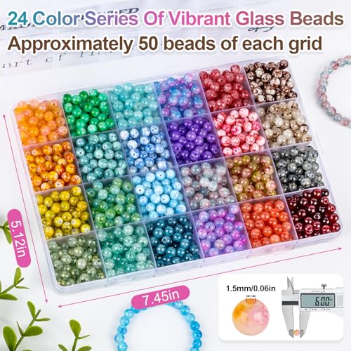 XSEINO About 1200+ PCS 6mm Ink Style Glass Beads Bracelet Making Kit, 24 Assorted Ink Colorful Series Crystal Beads for Jewelry Making and DIY Crafts, Friendship Bracelets - color: Ink Glass Beads