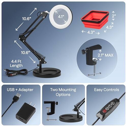 10X Magnifying Lamp - Desk Magnifying Glass with Light, Lighted Magnifying Glass with Stand, Magnifying Light, 5 Color Modes, 2 Mounting Options, USB Cable, Adapter & Magnetic Tray, Black - color: Black