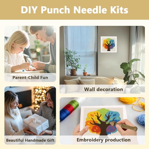 Doodlream Colorful Tree DIY Punch Needle Embroidery Kit for Adult Beginner, 9.4" Multicolored Tree Punch Stitching Craft Set for Starter with Frame, Fabric Pattern, Threader, Yarn, Pinch Needle - color: Colorful Tree