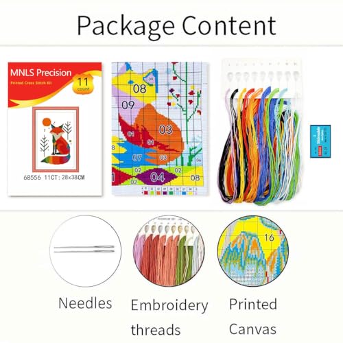 Zhenqing Rainbow Fox Cross Stitch Kit - 11CT Pre-Printed 28x38cm Fabric with Threads & Needle (No Tools) (68571) - color: Rainbow Fox