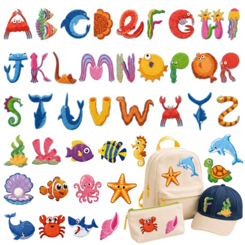 Cinrobiye 41 Pcs Ocean Animals Patches Self Adhesive Under The Sea A to Z Alphabet Applique Sea Animals Themed Chenille Letter Patches Stick on for Clothing Hats Bags Fabric DIY Crafts - style: Marine Animals