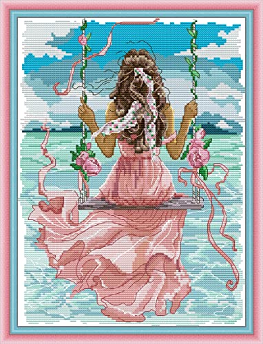 CaptainCrafts New Cross Stitch Kits Embroidery Kit Full Range Pre-Printed and Counted Fabrics Kits for Adults Beginners Home Decor (White Cloth Unpreprint 14CT, Sea View Girl) - color: Sea view girl, size: Unpreprint 14CT