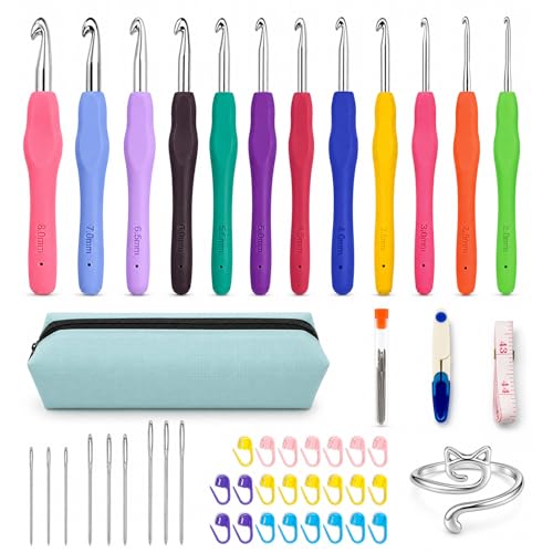 Crochet Hooks 12 Sizes Crochet Hook Set, 50 Pack Yarn Crochet Kit for Beginners, Knitting Needles with Ergonomic Handles for Arthritic Hands, Crochet Needle Kit with Blue Case for Crocheters
