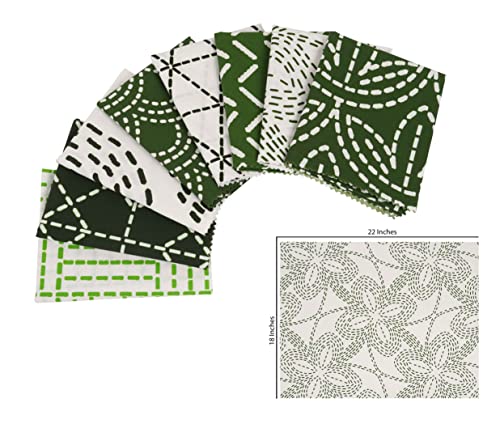 Soimoi 8 Pc Fat Quarter Bundle Japanese Sashiko Print 18"x 22" DIY Patchwork- 100% Cotton Pre-Cut Quilting Fabric White & Green