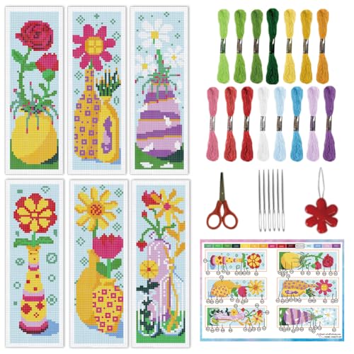 INFUNLY 6PCS/Set Flower Vase Cross Stitch Bookmark Kit 2.99x8.54 Rose Floral Handmade Cross Stitch Bookmarks DIY Embroidery Bookmarks for Readers with Instruction for Starter Adults Book Lovers - style: Flower Vase