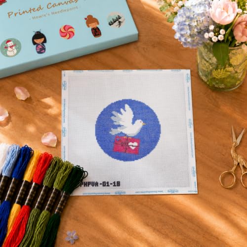 Howie's Needlepoint Needlepoint Kits for Adults & Beginners, 18 Mesh Printed Needlepoint Canvas, Stamped Patterns Canvas Starter Kits(Valentine's - Blue Pigeon,4"x 4") - color: Valentine's - Blue Pigeon