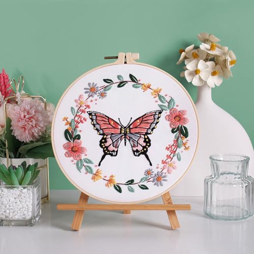 GLTAYLMY Butterfly Embroidery Kit for Beginners Adults, 3 Sets Hand Embroidery Starter Kit with Flower Pattern and Instructions Stamped Cross Stitch Kits Include Embroidery Hoop Needles Threads - color: BU2EBK