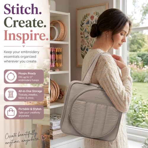 MYBAGZING Embroidery Bag Organizer,Cross Stitch Project Bag w/Hoop Storage - color: Greige