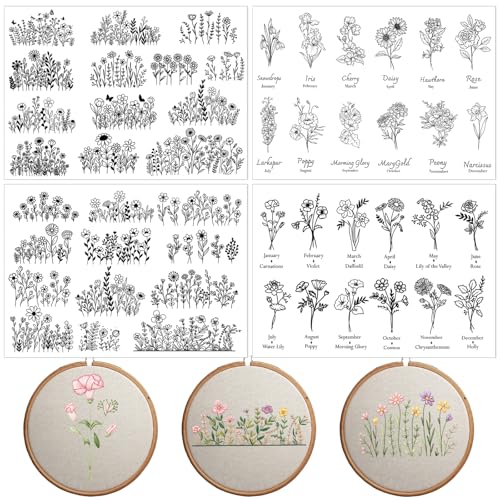 Flower Water Soluble Embroidery Patterns, 4 Sheets 50 Pcs Stick and Stitch Embroidery Papers Wash Away, Pre-Printed Floral Birthday Pattern Transfers for Hand Sewing Lovers Beginners Customized Gifts - size: Floral Birthday