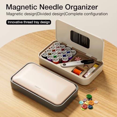 QUARDINE Sewing Kit Box 40 Pcs, Magnetic Needle Storage, Cream - color: Cream
