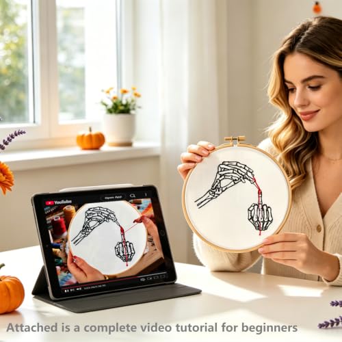 Gothic Embroidery Starter Kits for Adults Beginners, Halloween Embroidery Kits, Hand Bone Cross Stitch Kits Needlepoint Kits for Beginners Adults Woman Halloween Gifts, Embroidery Hoop, Video Tutorial - color: H2095