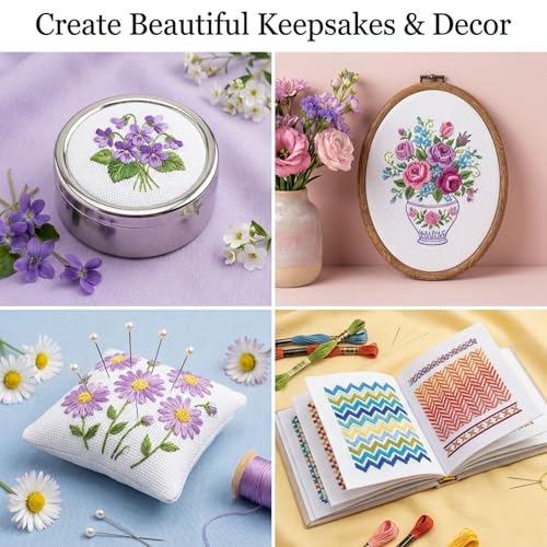 6 Pcs Cross Stitch Fabric with Embroidery Hoop Set
