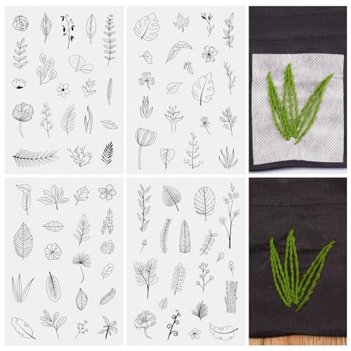 Magibeads 80 Patterns Leaf Plant Flower Water-Soluble Embroidery Patterns Stick and Stitch Spring Summer Floral Tear Away Embroidery Paper Wash Away for Hand Sewing Beginners Starts Adult - color: Leaf