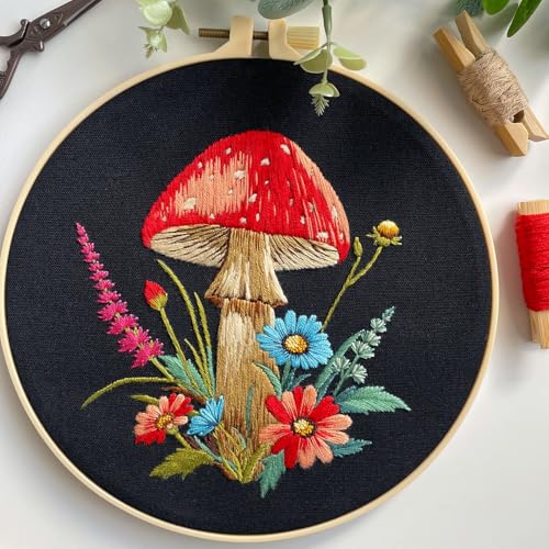 Myfelicity Embroidery Kit with Mushroom Patterns, 3 Hoops, Fabric, Threads, Needles, Instructions (Colorful) - color: colorful