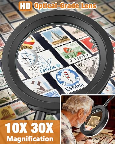 30X 10X Magnifying Glass with Light and Phone Holder, 5 Color Modes Stepless Dimmable, Optical Grade HD Lens, LED Lighted Magnifier Hands Free with Flexible Gooseneck for Close Work, Craft, Hobby - color: Black, size: 4.3in-16in & Base with Phone Holder