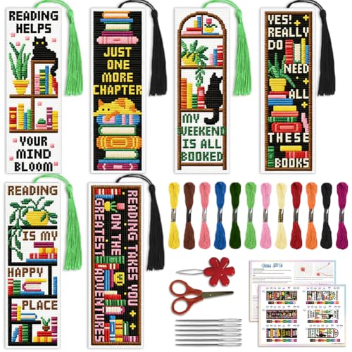 ACRNIGHEET 6PCS Cross Stitch Bookmark Kit for Beginner Stamped Cross Stitch Kits for Adults Bookshelves DIY Tassel Embroidery Bookmark Kits Needlepoint Kit with Instructions Craft Gift 8.5''x3'' 11CT - style: Words and bookshelf patterns 2
