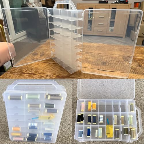 Double-Sided Sewing Organizer Box with 46 Grids - Clear Plastic Thread Storage Case for Embroidery Floss, Sewing Threads, Needles, Beads & Craft Supplies (Portable Craft Organization Container)