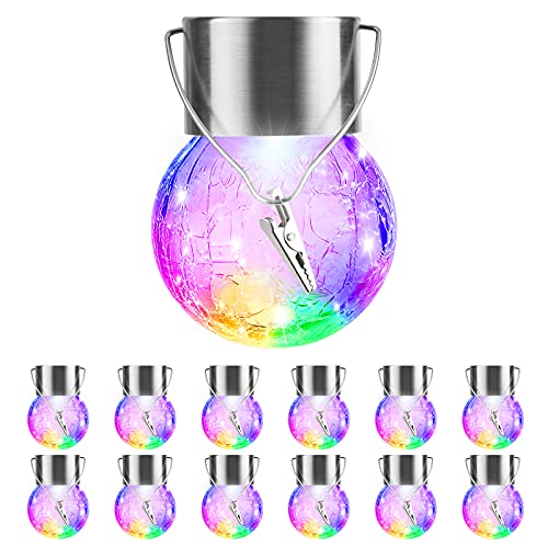 12 Pack Hanging Solar Lights Outdoor Decorative, Waterproof Solar Globe Lantern with Handle and Clip, Solar Powered Cracked Glass Ball Lights for Garden Yard Patio, Fence Tree Umbrella, Holiday Décor - color: Color Changing, size: 12