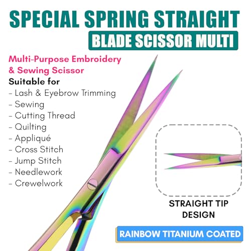 Cross Edge Spring Scissors 5 Inch straight Stainless Steel Precision Eyebrow & Eyelash Shaping & Trimming Scissor, Snips Squeeze, Embroidery, Knitting Micro Tip Craft Scissors (Rainbow) - color: Cec-ss-01
