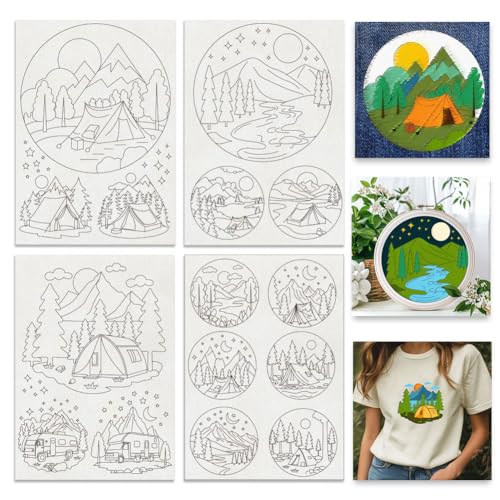 BENECREAT 4Sheets 17Pcs Water Soluble Embroidery, 11.7x8.3inch Camping Forest Pattern Transfers Water Soluble Stabilizer for Embroidery Stick and Stitch Embroidery Designs - style: Camping Forest