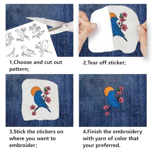 FREEBLOSS 48Pcs Water Soluble Embroidery Patterns Hand Sewing Stabilizer Embroidery Stickers Birds Theme Water Soluble Stabilizer for Clothing Repair 4 Sheets