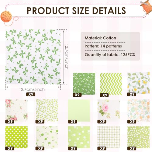 126 Pcs Charm Pack for Quilting 5 inch, 100% Cotton Fabric Square Pre Cut Quilted Fabric Floral Patchwork for Sewing DIY Craft Project Blanket Making Assorted (Light Green) - color: Light Green