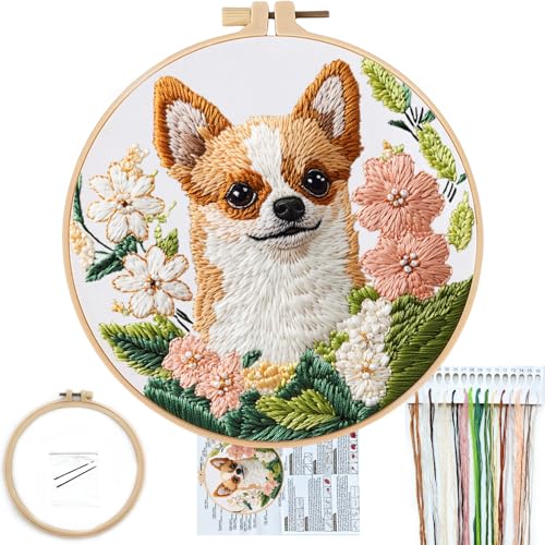 FONNUY Chihuahua Dog Floral Embroidery Kit, Cross Stitch Kits for Beginners, Handmade Crafts with Printed Patterns for Beginner Adults, Easy to Follow Color Thread Needlework, 8'' Hoop (Loyal Dog) - color: Loyal Dog