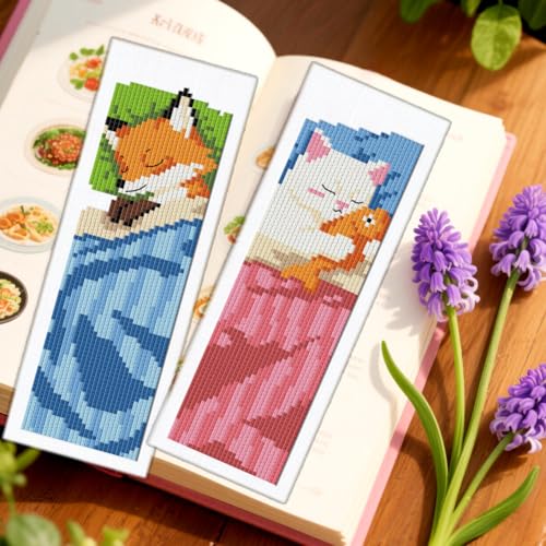ORIGACH 6 Set Sleepy Animal Friends Cross Stitch Bookmark Kit for Beginner - style: Sleepy Friends