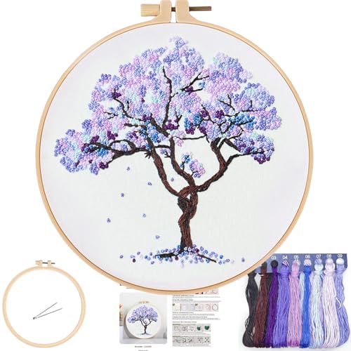 FONNUY Crewel Embroidery Kit for Beginners, Seasonal Tree Pre-Stamped Pattern Kits for Adults with Hoop, Easy to Follow Color Thread Needlework, 8'' (Purple) - color: Purple