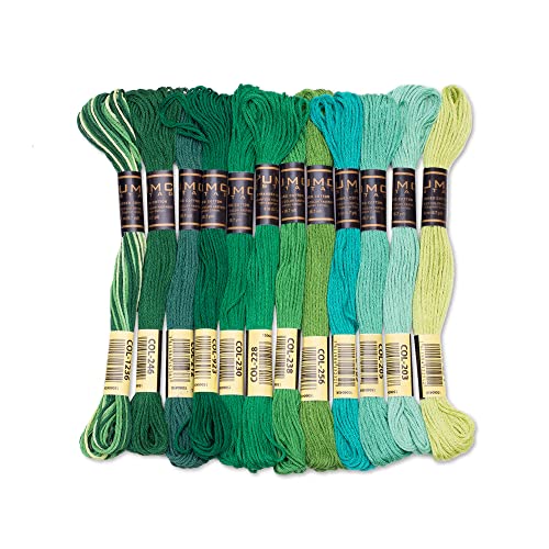 12 Pieces | Premium Embroidery Thread | 100% Egyptian Cotton Premium Skeins | Cross Stitch Embroidery Floss | Oeko TEX Certified Stranded Cotton (Green Tones) - color: Green Tones