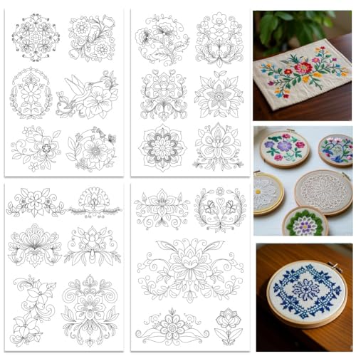 ORIGACH 4 Sheets Large Water Soluble Embroidery Patterns Stabilizers - Pre-Printed Scandinavian Floral Designs - Stick & Stitch Embroidery Paper for Hand Sewing Lovers - color: Scandinavian Floral