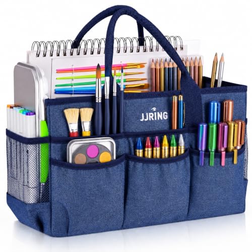 JJRING Large Art Supply Storage Tote Bag With Mesh Pockets, Blue - color: Blue