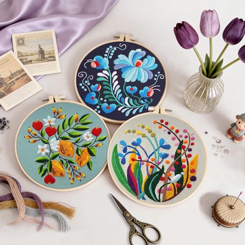 Uniartfy 3 Pack Embroidery Starter Kit for Beginners, Stamped Cross Stitch Kits for Adults with Flowers Plants and Fruits Patterns with 1 Embroidery Hoop and Color Threads, Handmade Needlepoint Kits - color: Embroidery Kit-J