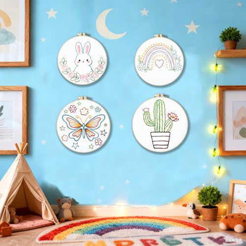 BEUNITONE 6Pcs Easy Embroidery Kit for Adults Beginners, Simple Cross Stitch Starter Set for Beginners, Cute Animal Rainbow Butterfly DIY Craft Activity for Home Decor and Festival Gifts 20x20cm - style: Stick Figure