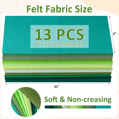 XSEINO 13 Rolls 8"x35" 1.4mm Thick Soft Felt Fabric Sheet 13 Assorted Green Series Colors Felt Pack Pastel Felt Sheets for DIY Craft Sewing Squares Nonwoven Patchwork - color: Green Hues