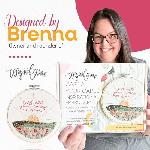 Elly & Grace Christian Embroidery Kit with Embroidery Hoop, Easy Embroidery Kit for Beginners and Adults, Full Embroidery Hoop Kit with Needles and Thread Included (Cast All Your Cares) - style: Cast All Your Cares