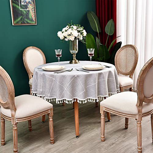 Cotton Linen Round Tablecloth Plaid Heavy Weight Table Cloth Gray for Round Tables Checkered Tassel Table Covers for Kitchen Dining Room Tabletop Decoration, Diameter 70 inch - color: Grey, size: 70" (Round)
