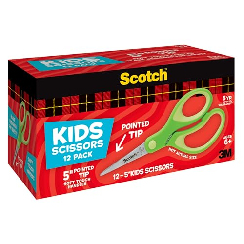 Scotch 5" Soft Touch Pointed Tip Kids Scissors, 12 Count Teacher's Pack - size: 12 count - blunt