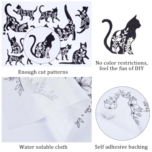 CRASPIRE 2 Sheets Black Cats Flowers Water Soluble Embroidery Patterns Stabilizers Hand Sewing Stick and Stitch A4 Transfers Fabric Wash Away Pre-Printed Self Adhesive for Beginner Cloth Sewing Lovers - style: Cat 2 Sheets