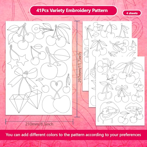 BENECREAT 4 Sheets Cherries Soluble Embroidery Stabilizers, 41pcs Fruit Embroidery Paper with Pre-Printed Sewing Embroidery Stabilizers for Embroidery Hand Sewing Lover Beginners - color: Cherries