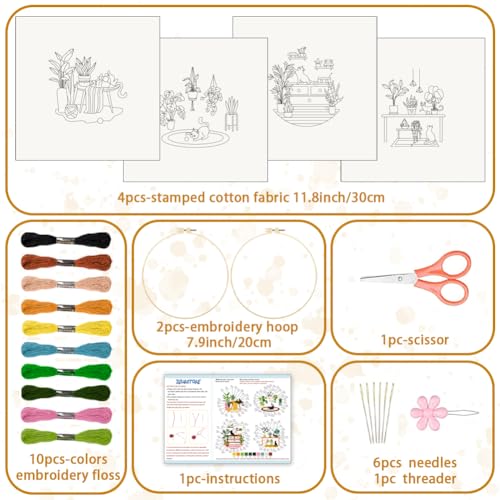 BEUNITONE Kitten Embroidery Kit for Beginenrs Hand Sewing Embroidery Kits with Cat Pattern DIY Embroidery Kit with Kitten Colourful Threads Needles Instructions - style: A-Cat-04